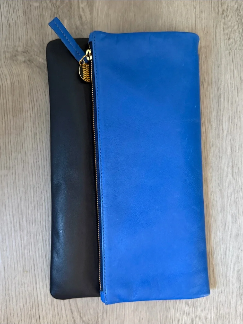 Clare V. Supreme Colorblock Foldover Leather Clutch - Navy & Cobalt Blue